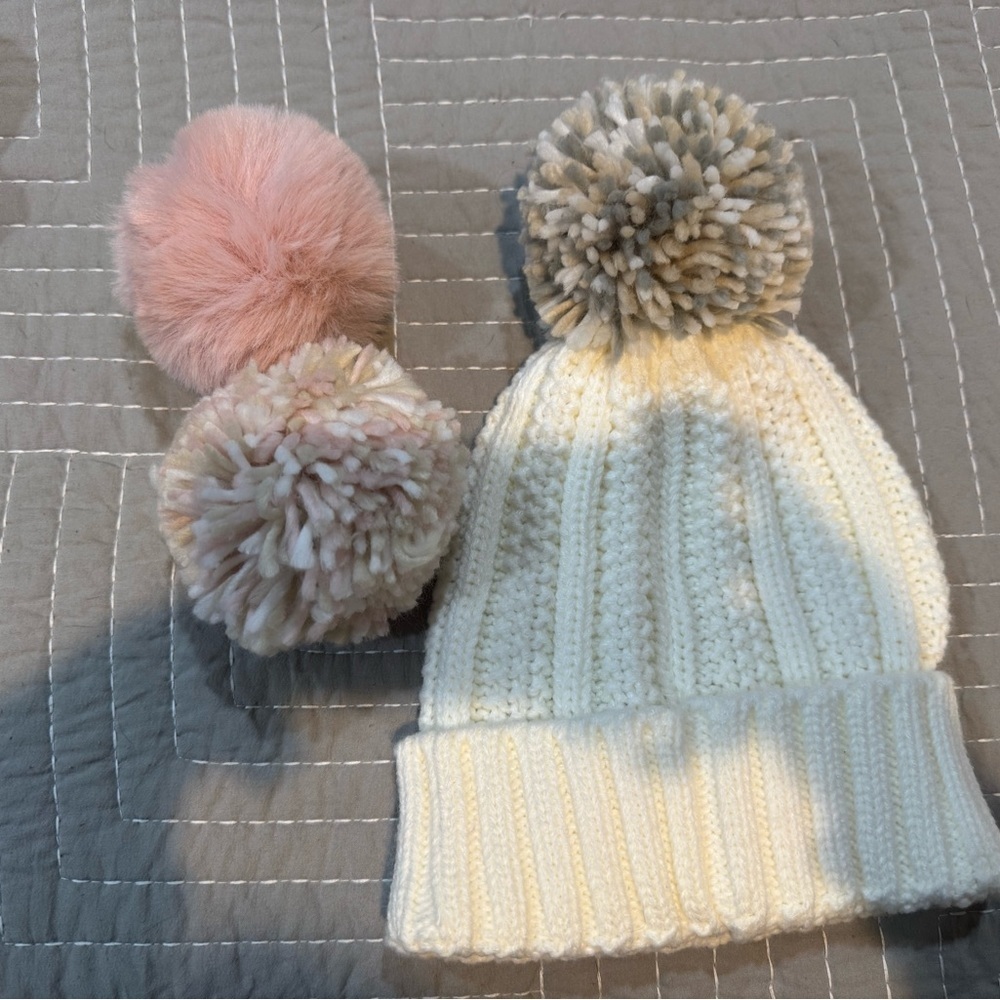 Cream Knit Beanie with Pom Poms